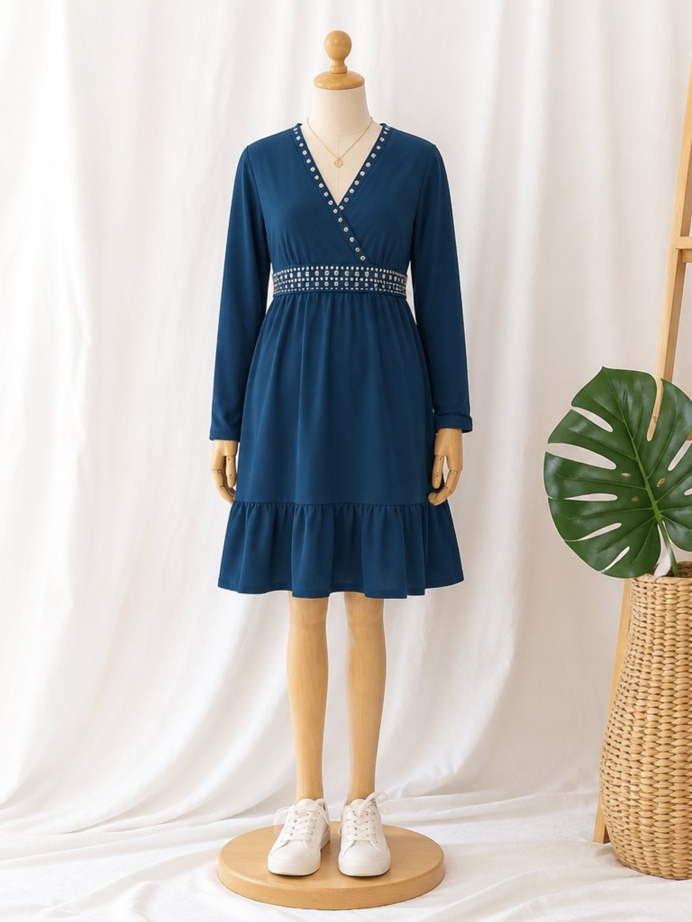 Michael Kors Teal-Blue Long Sleeve V-Neck Dress with Beaded Waist